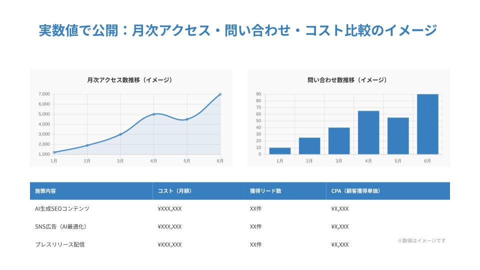 月次アクセス・問い合わせ・コスト比較の実績データ