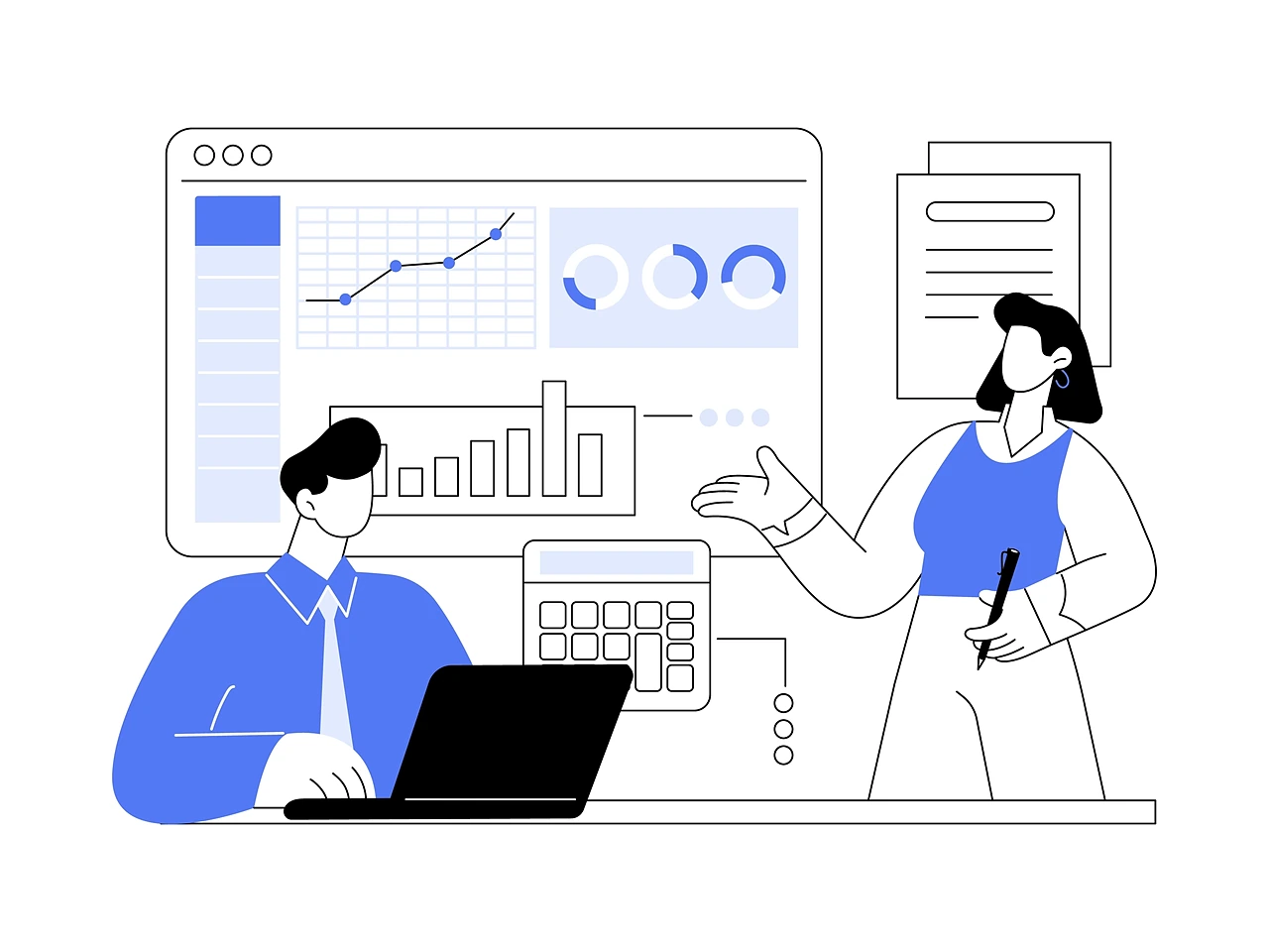 ダッシュボードを見ながら広告の数値を分析する担当者のイラスト
